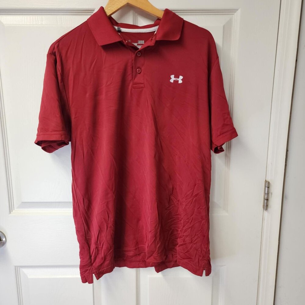 Under Armour red white heat gear loose fit performance golf polo men size large